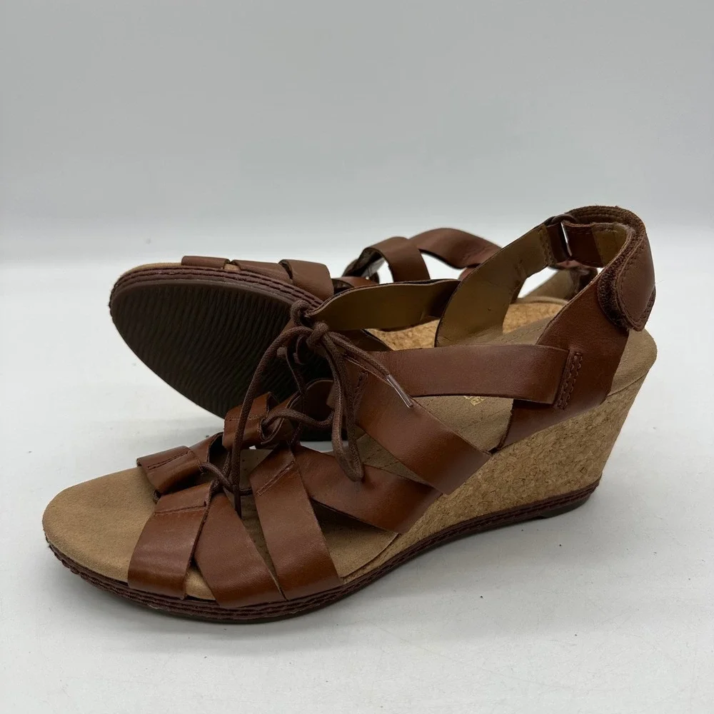 Clarks 261247694065 Womens Size 9 Helio Mindin Brown Leather Cork Wedge Sandals